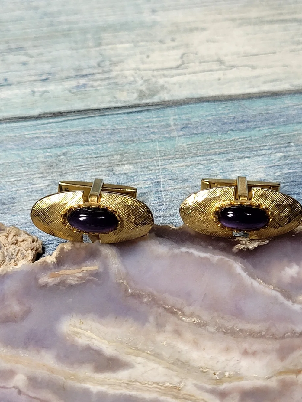 Gold Tone Cufflinks with Purple Cabochon Accent - Men's Accessories